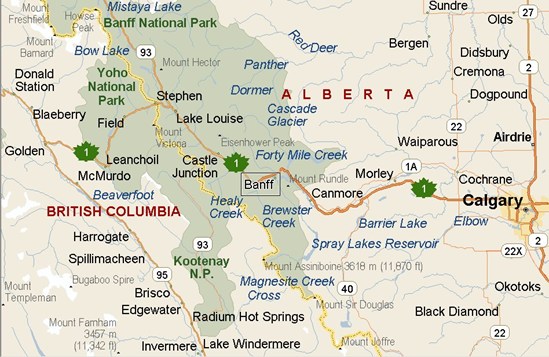 Calgary To Banff Map Banff, Alberta Area Map & More