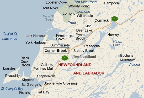 Where is Corner Brook, Newfoundland? see area map & more